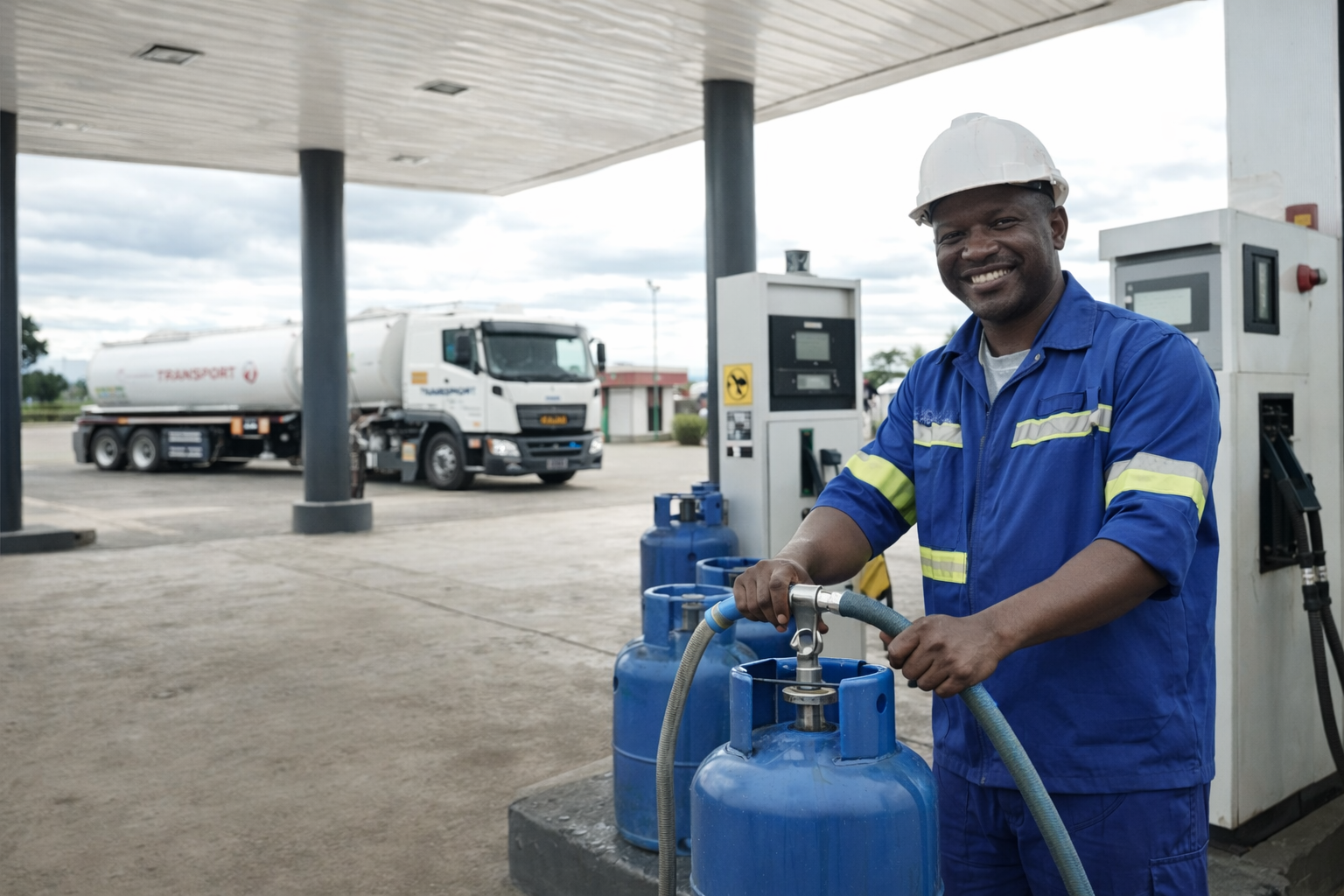 A GasRefill retail partner serving customers and riders at a refill point
